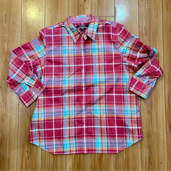 Chaps Women's Plaid Button-Up Blouse XL Cotton 3/4 Sleeves No Iron - Picture 1 of 3